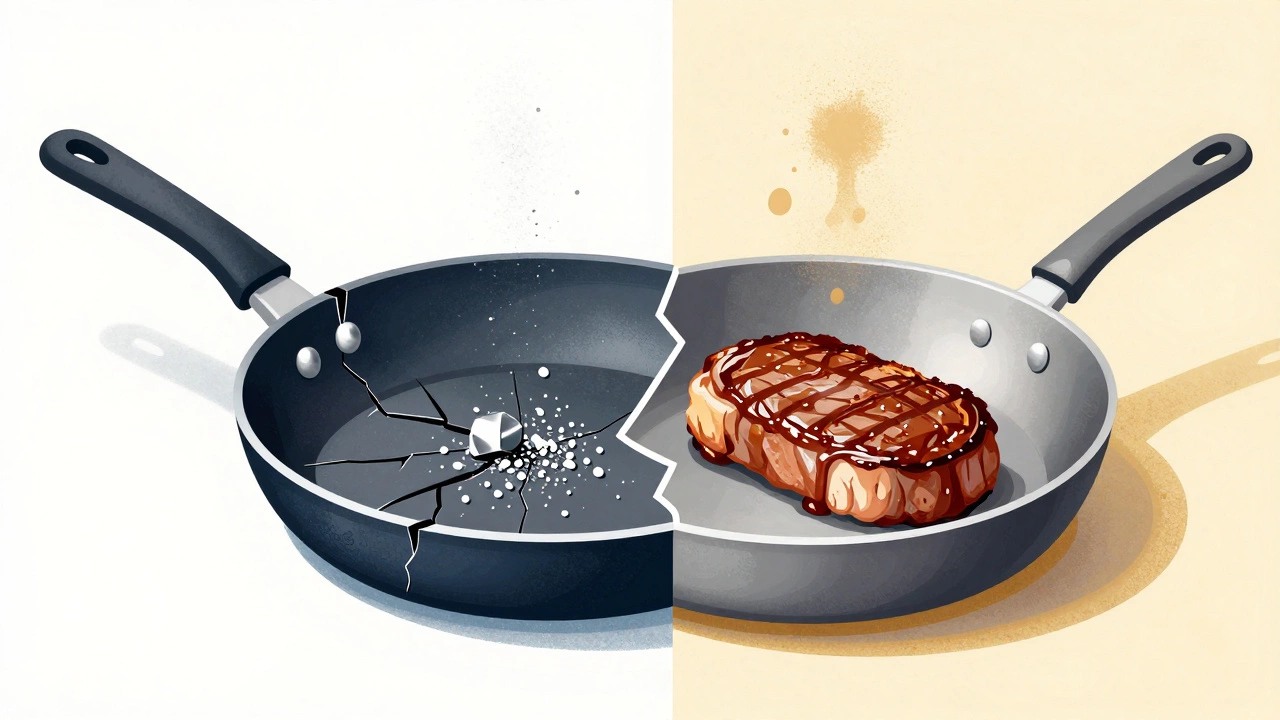 Сравнение: треснувшая керамическая сковорода и идеально прожаренная нержавеющая сталь
