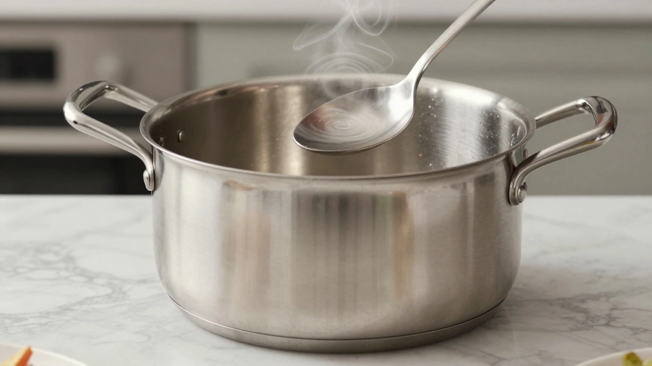 Толстое дно нержавеющей стали с резонансом от удара ложкой, вид сбоку.