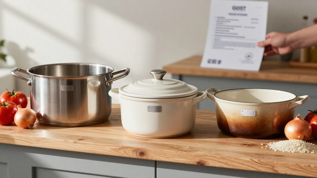 Три безопасных кастрюли на деревянной поверхности с овощами и едой, освещенные утренним светом.