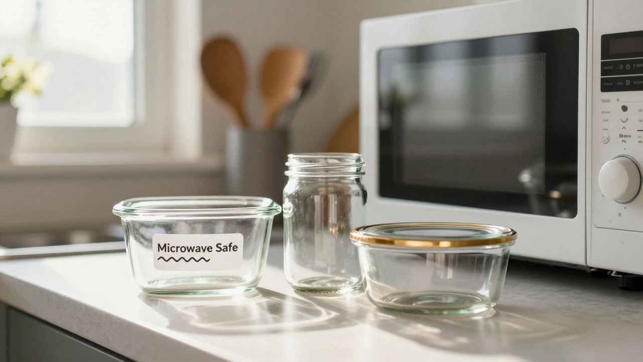 Три стеклянных контейнера на столе: один с маркировкой для микроволновки, другой без неё, третий с золотым ободком.