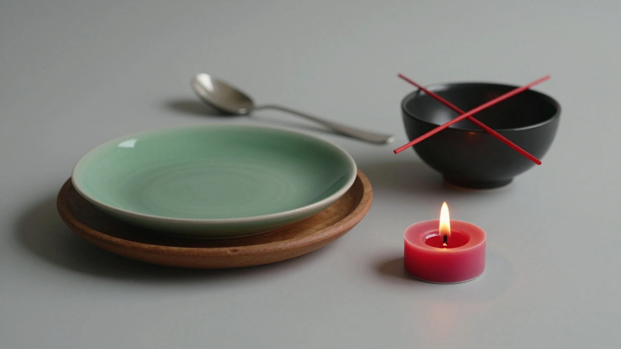 Зелёная тарелка на коричневой основе с красной свечой, серебро и чёрное вычеркнуты красной линией.