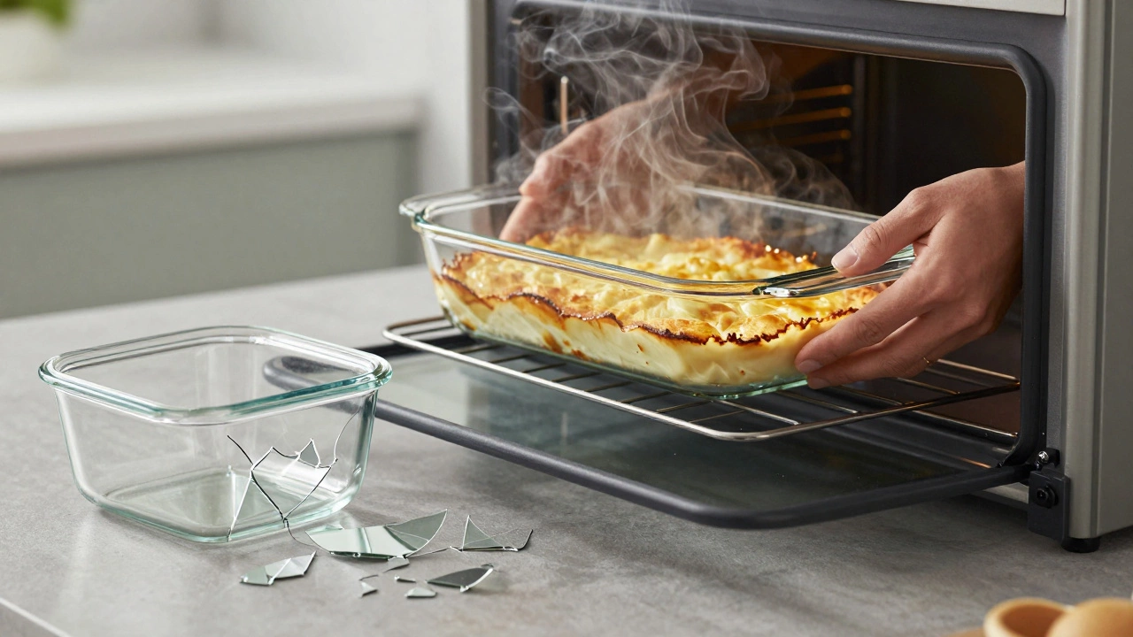 Боросиликатная стеклянная форма в духовке с горячей едой, рядом — разбитая обычная посуда.