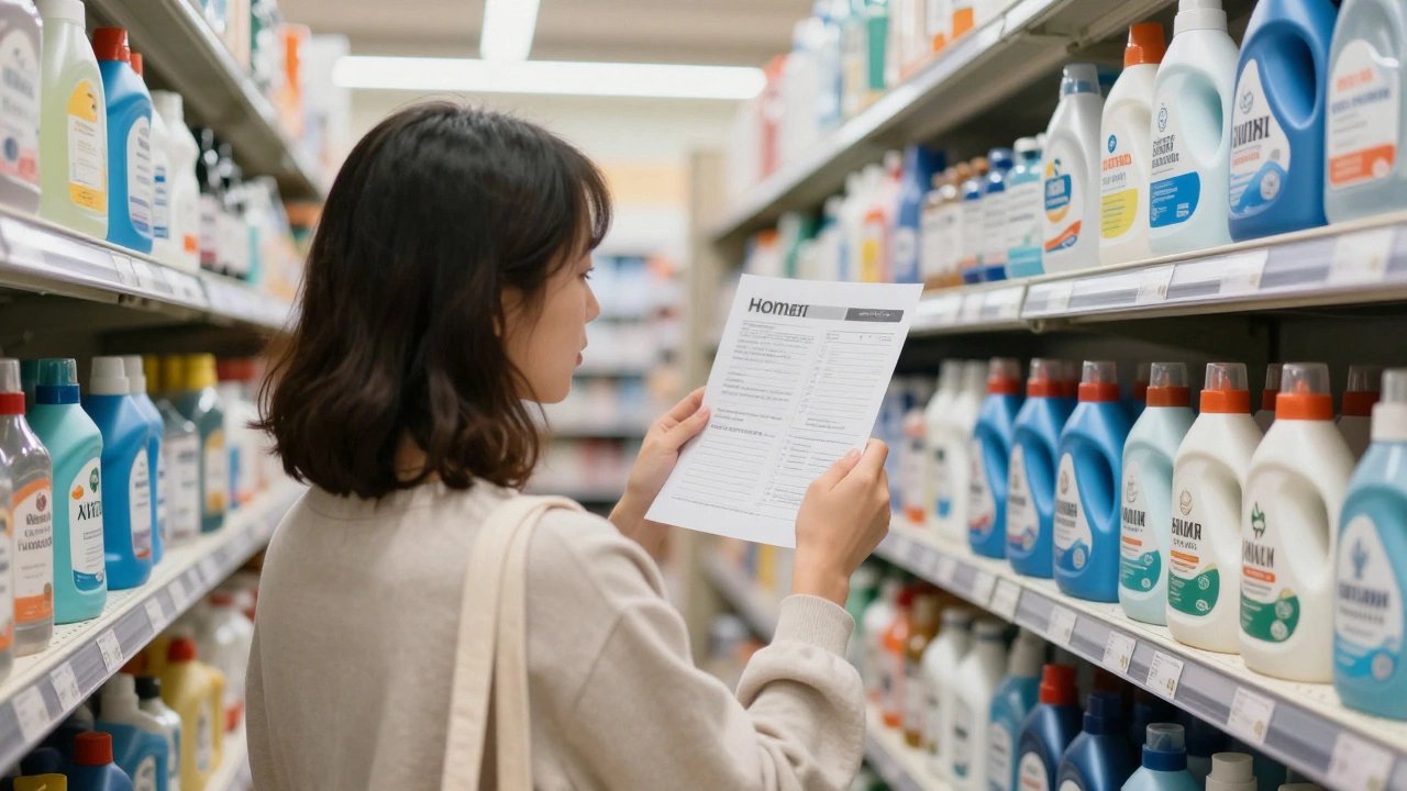 Человек покупает бытовую химию в супермаркете, сверяясь с распечатанным списком запасов.