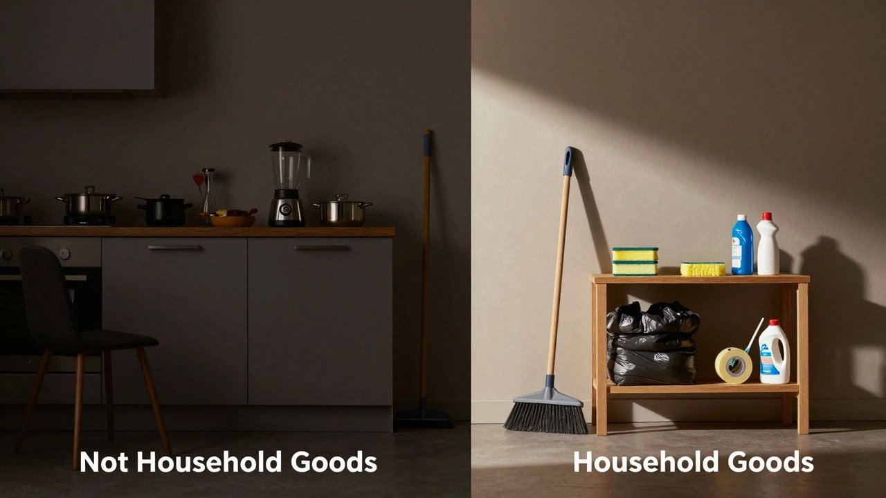 Две стороны: слева — посуда и техника, справа — инструменты для уборки, разделённые светом, чтобы показать разницу между бытовыми предметами.