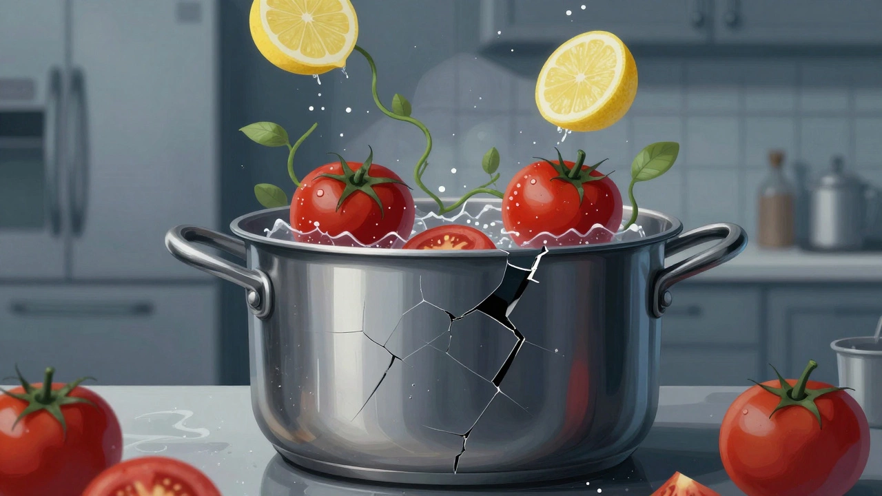 Хрупкий защитный слой на нержавеющей кастрюле разрушается под действием кислоты и соли.