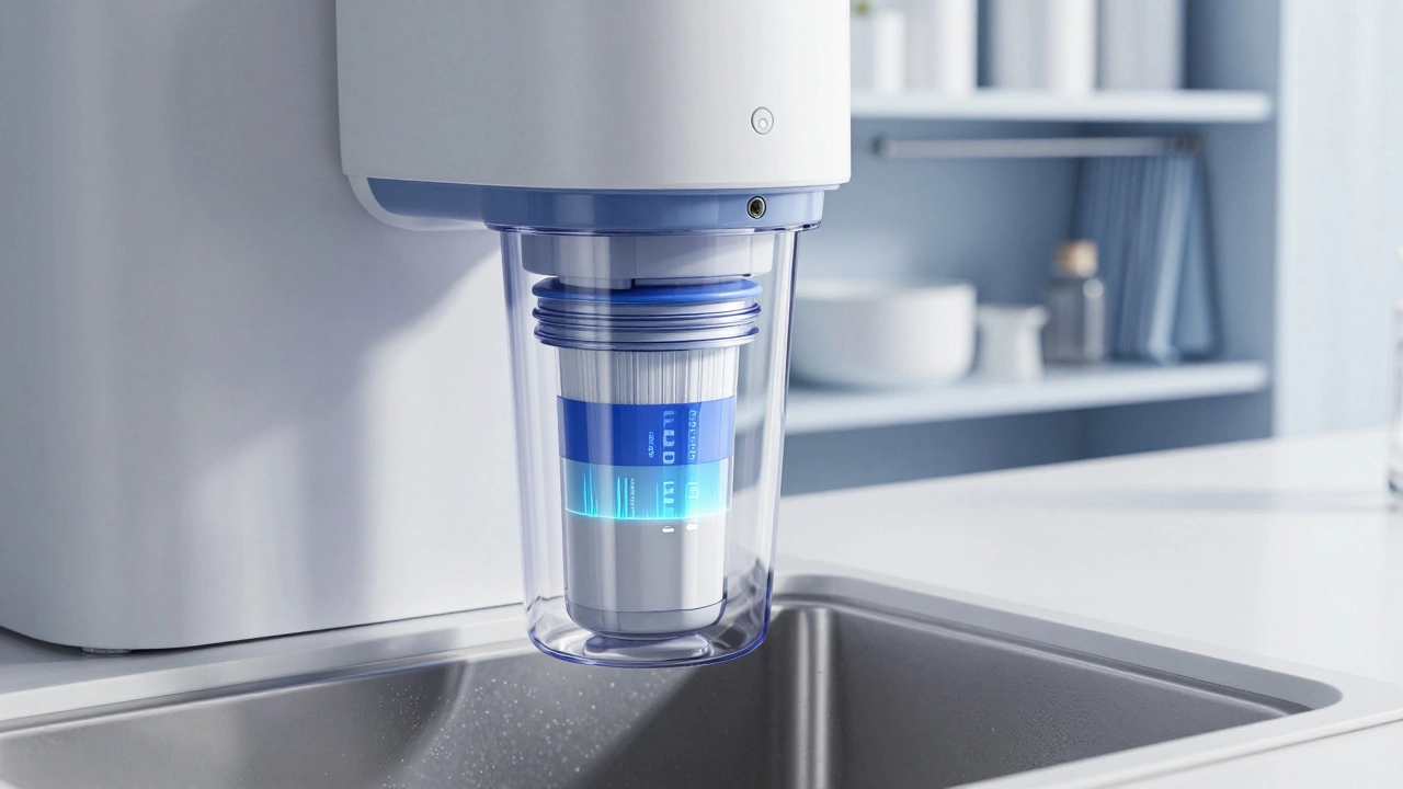 Интеллектуальный фильтр для воды с индикацией чистоты и модульными полками на фоне.