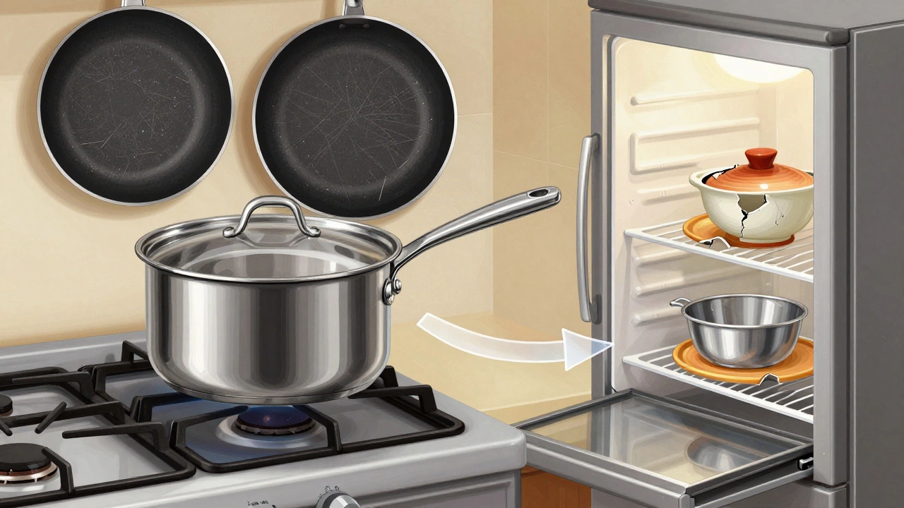 Кастрюля из нержавейки переходит со плиты в духовку и в холодильник, другие материалы разрушены вокруг.