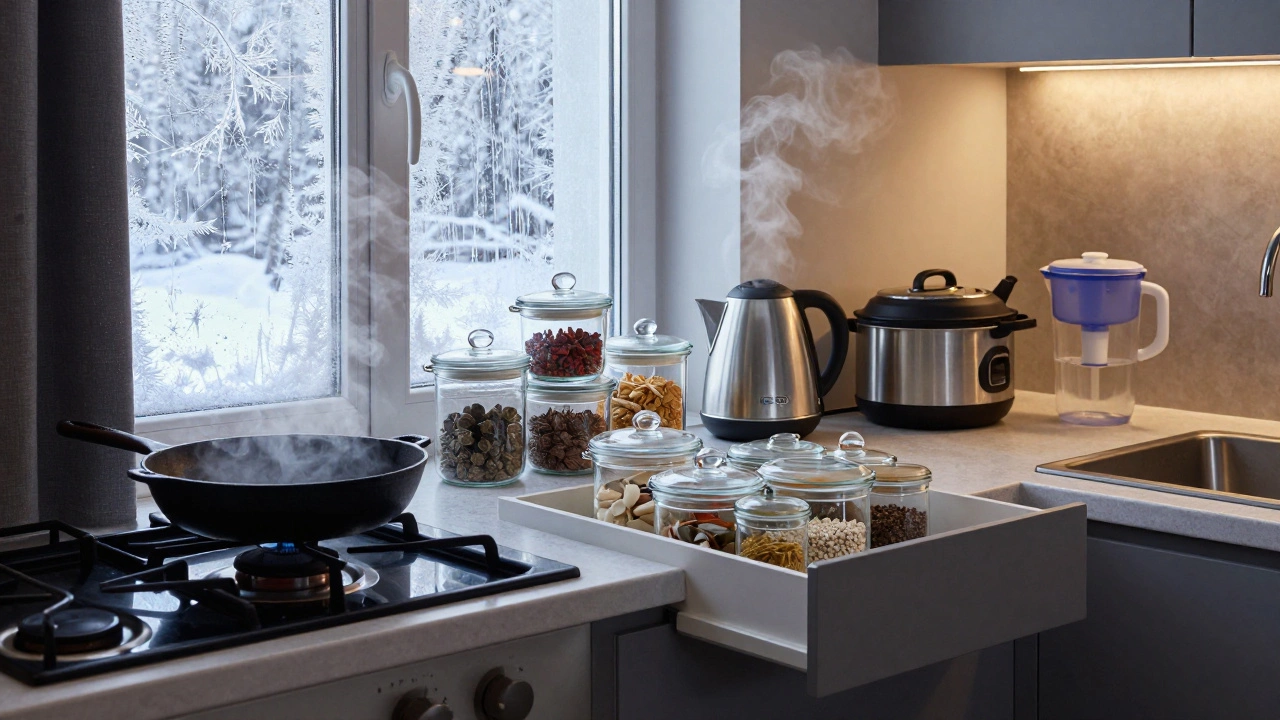Кухня в Санкт-Петербурге зимой: чугунная сковорода на плите, стеклянные контейнеры и фильтр для воды на фоне запотевшего окна.