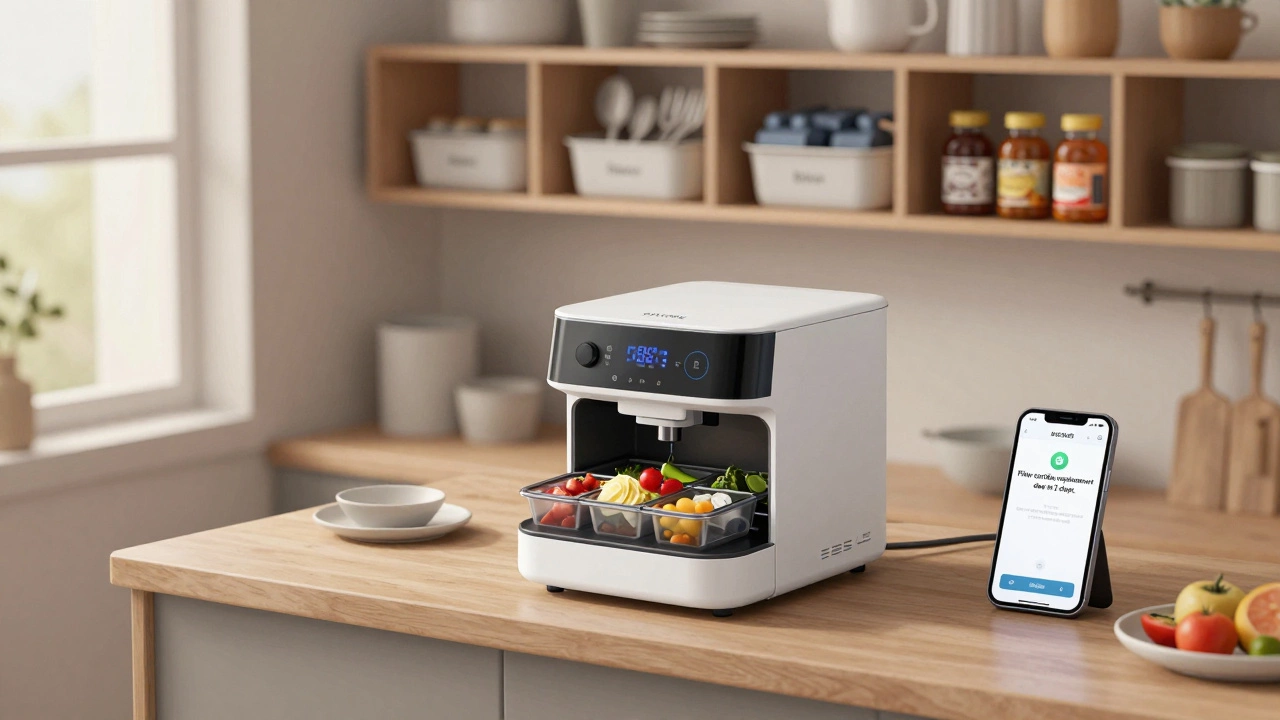 Кухонный робот готовит еду, рядом — модульная система хранения и уведомление о фильтре.