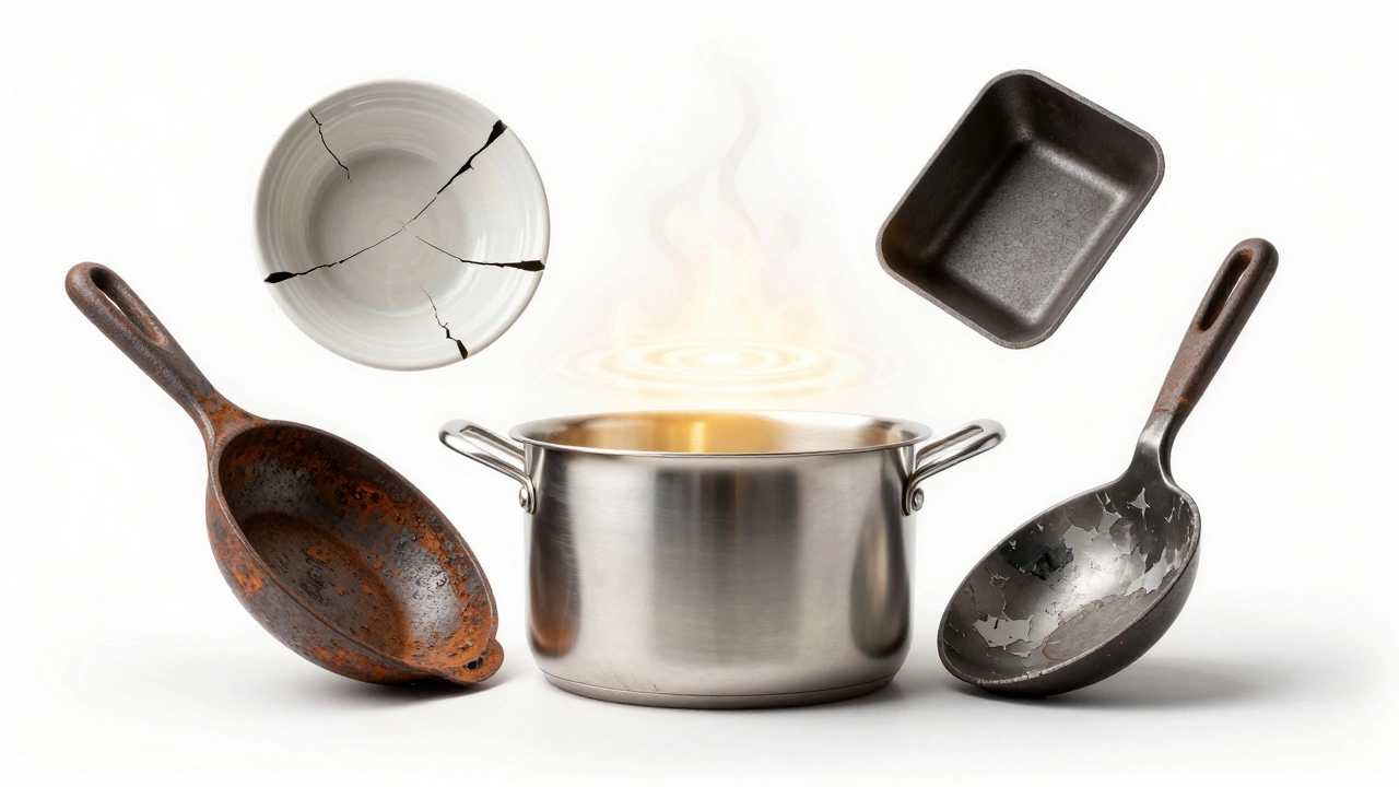 Нержавеющая сталь как центральный объект, вокруг — разрушающиеся материалы, свет подчеркивает её прочность.