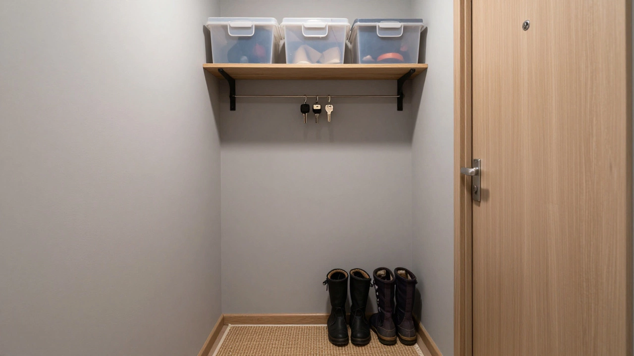 Прихожая с прозрачными коробками для хранения, крючком для ключей и органайзером для обуви.