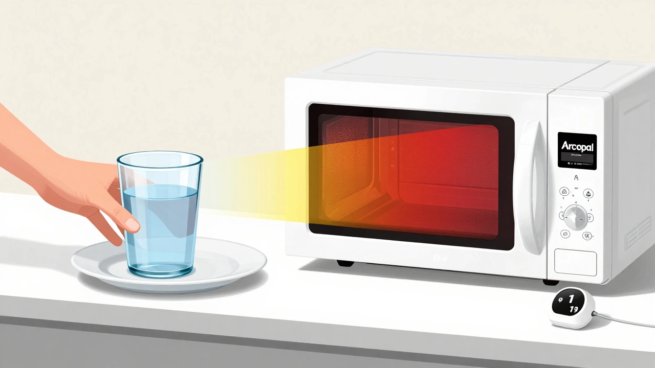 Рука ставит стеклянную банку с водой в микроволновку для теста на безопасность.