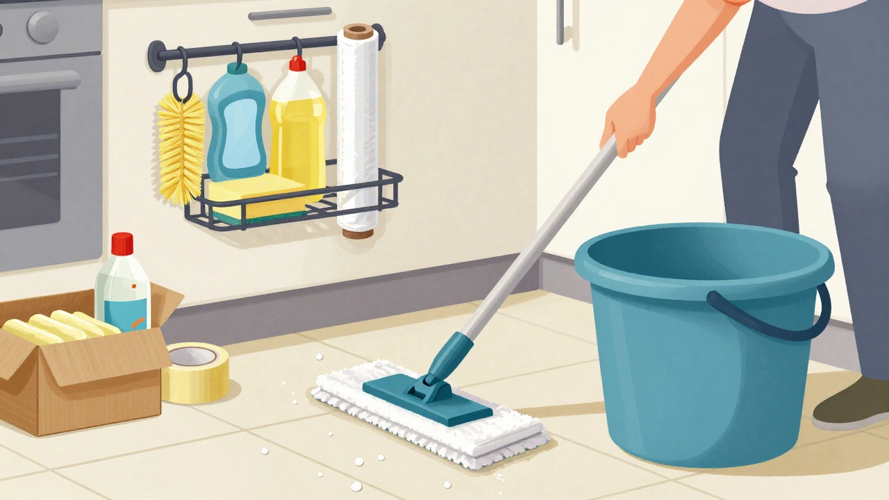 Руки моют пол в кухне, рядом на полке лежат губки, скотч, пищевая плёнка и средство для мытья полов.