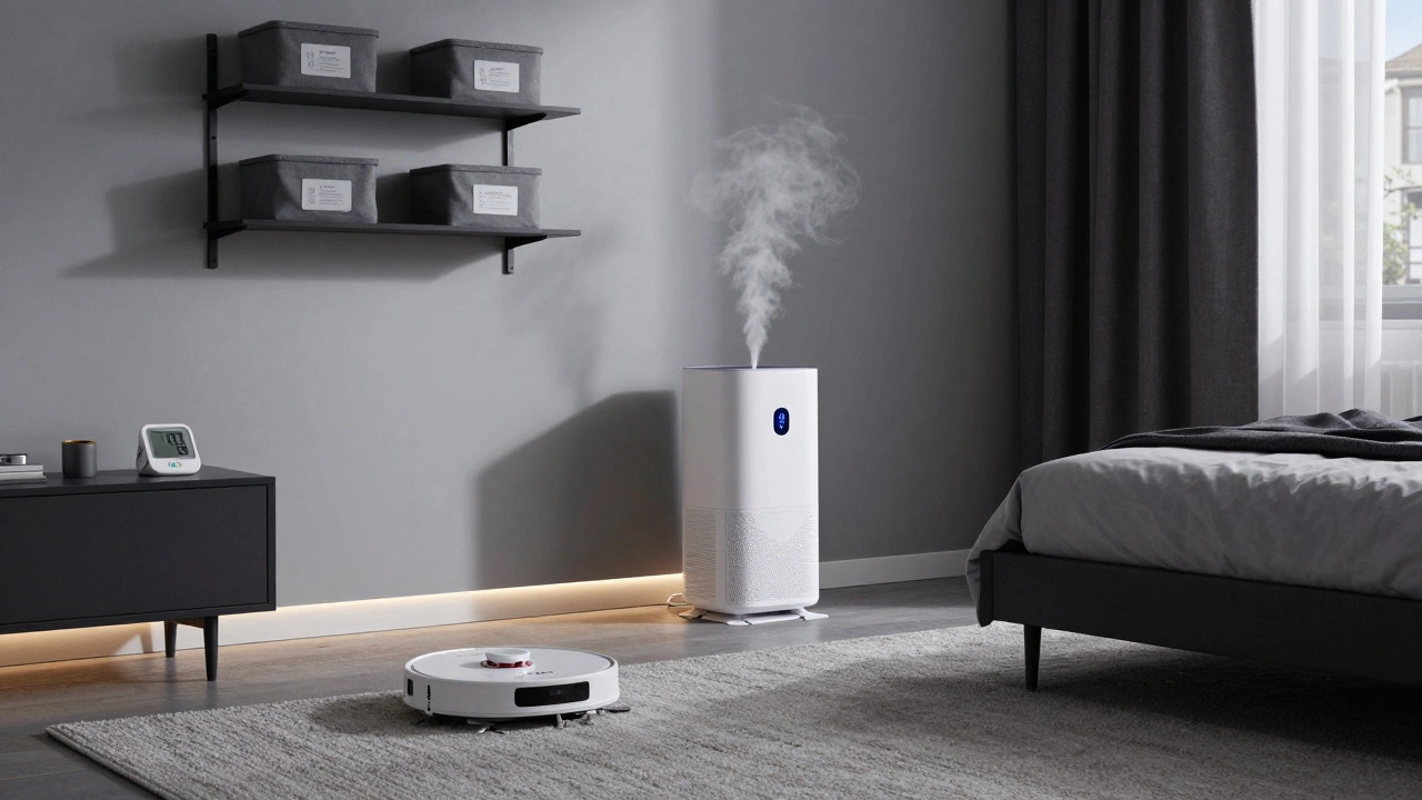 Спальня с умным пылесосом, увлажнителем воздуха и подсветкой под кроватью, тёмные шторы блокируют уличный свет.