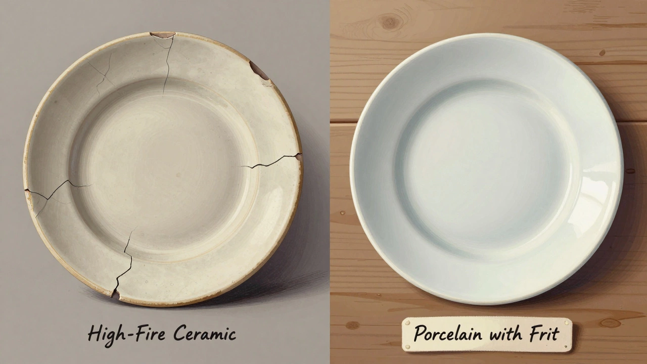 Сравнение хрупкой керамики и прочного фарфора с фриттой на деревянном столе.