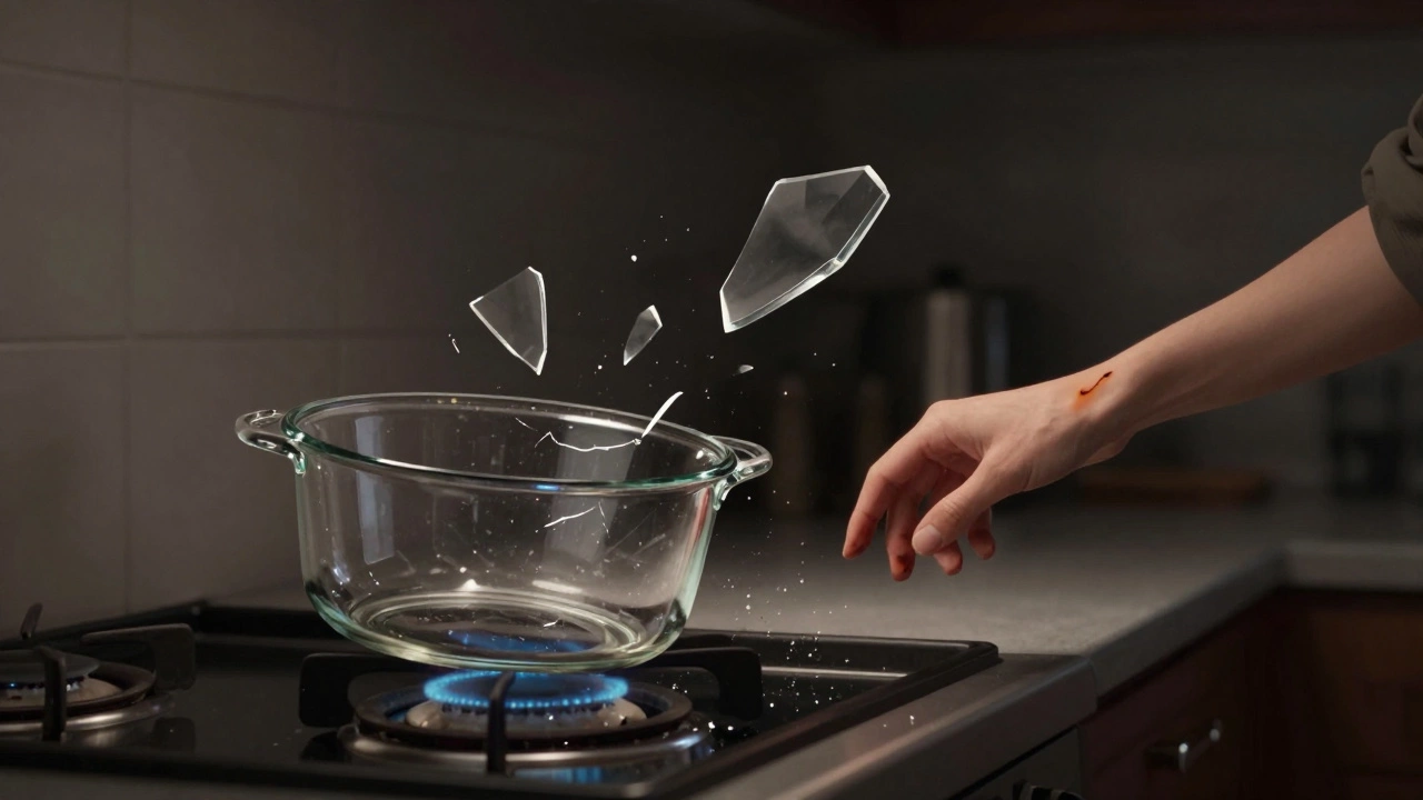 Стеклянная кастрюля разлетается осколками над плитой, одна часть рядом с рукой с ожогом.