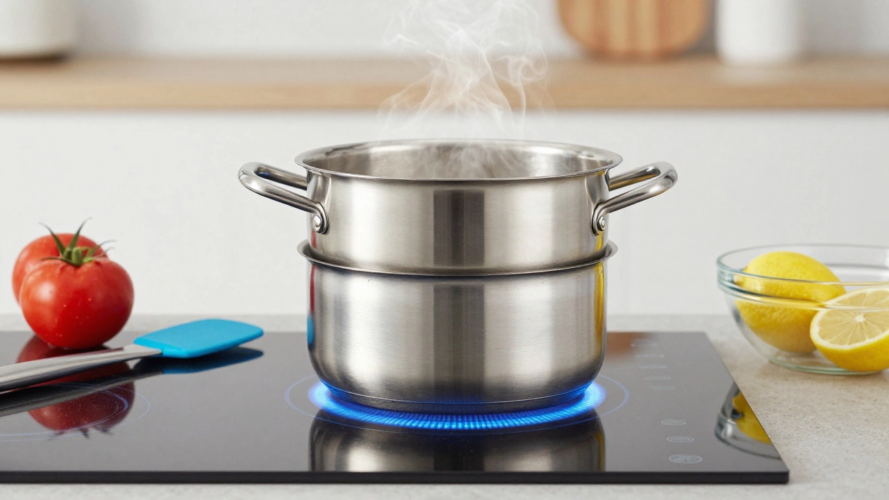 Трехслойная кастрюля из нержавейки на индукционной плите с кислыми ингредиентами рядом.