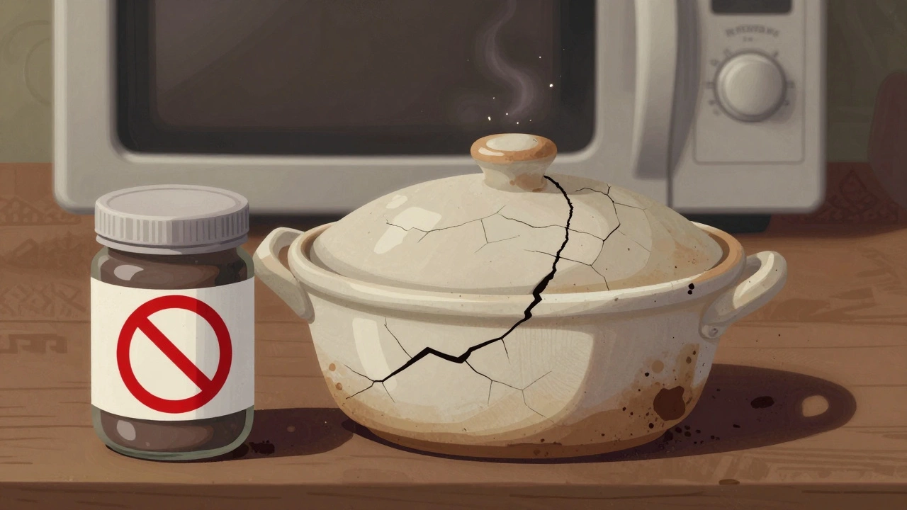 Треснувшая керамическая посуда с темными пятнами и искрами в микроволновке на фоне.