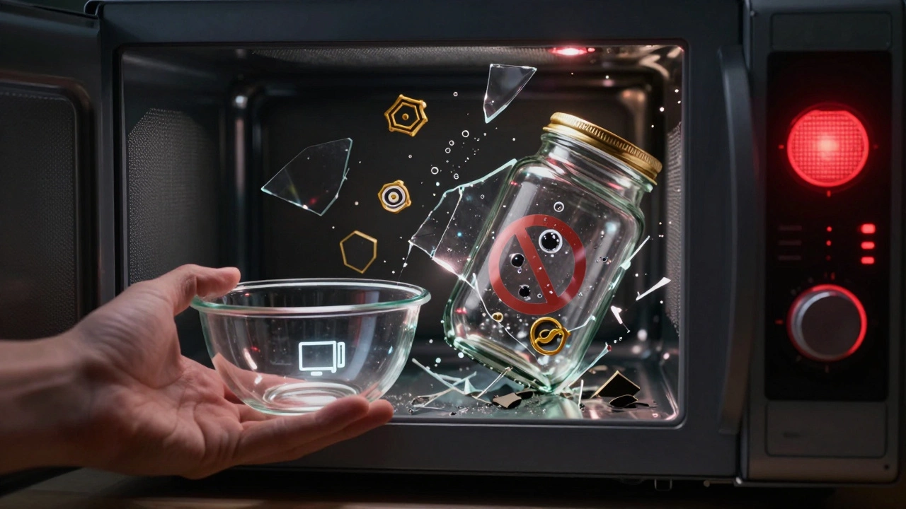 Взрыв стеклянной банки в микроволновке, осколки замерли в воздухе, рядом — безопасная посуда.