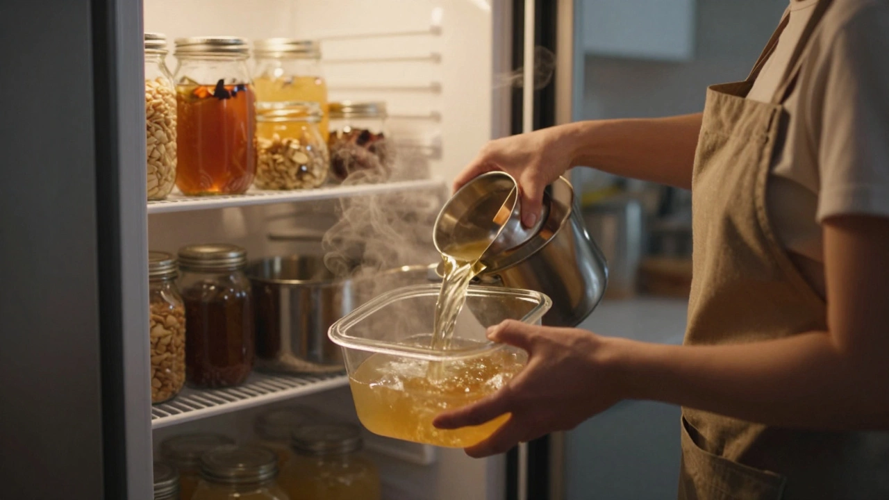 Женщина переливает суп из нержавейки в стеклянную ёмкость на кухне при тёплом свете.