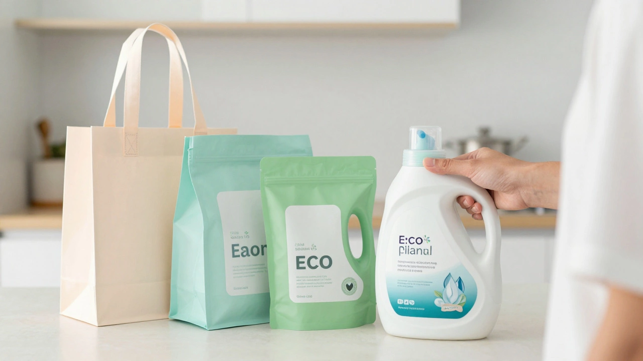 Человек выбирает экологичный стиральный порошок в светлой кухне.