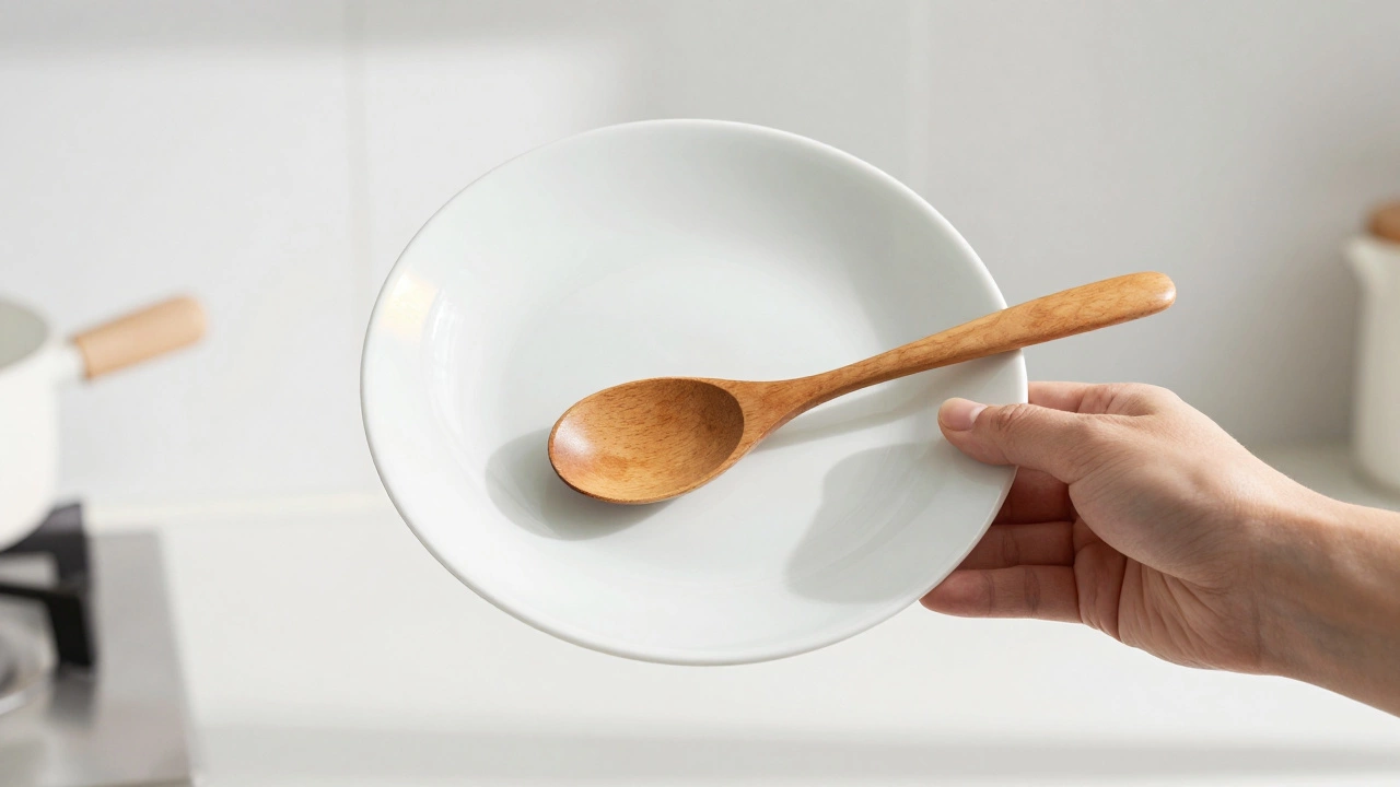 Фарфоровая тарелка пропускает свет через край, при постукивании издаёт звонкий звук.