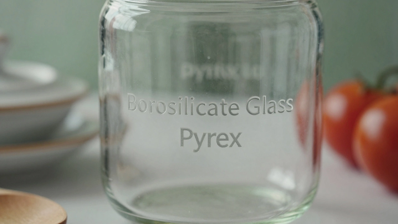Крупный план дна стеклянной банки с надписью 'Borosilicate Glass'.