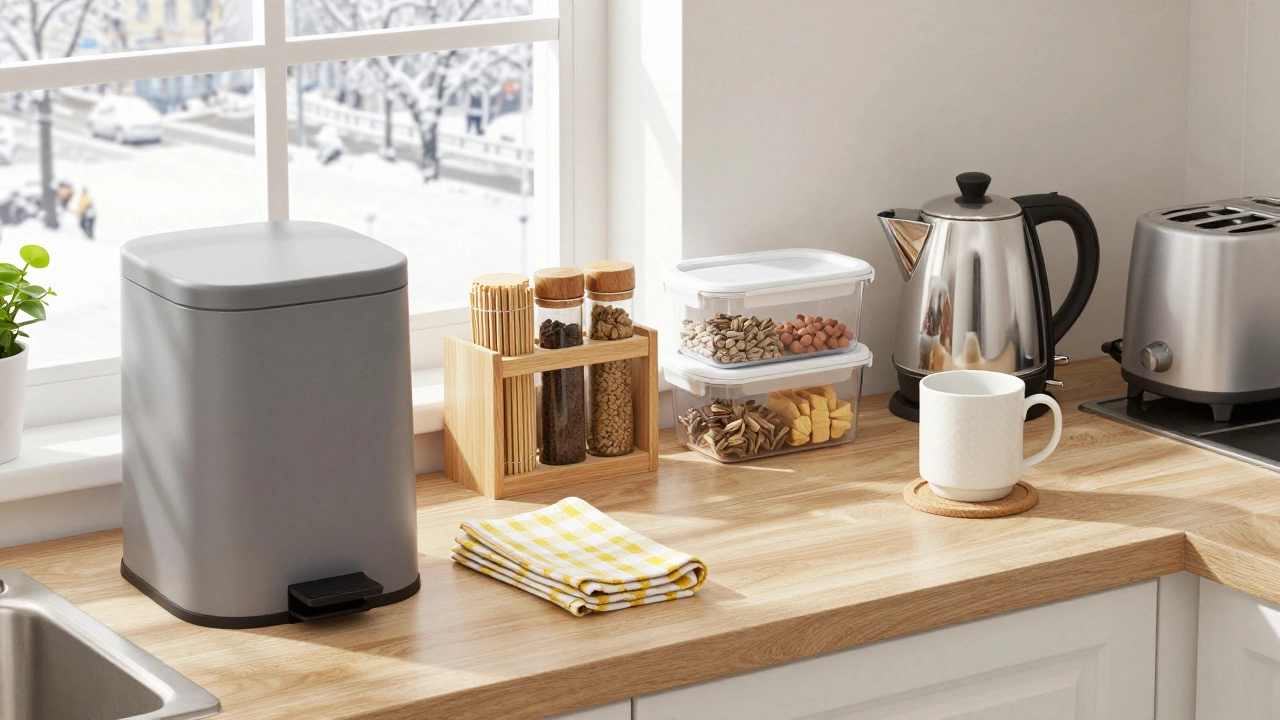 Кухонная стойка с органайзером для специй, мусорным ведром на педали и керамической кружкой.