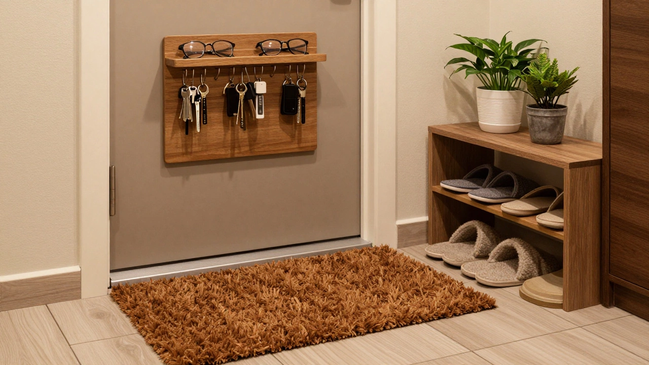 Прихожая с ковриком у двери, органайзером для ключей и домашними тапочками.