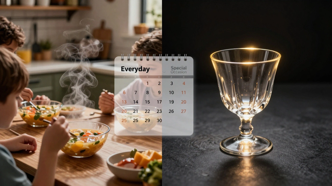 Разделённая сцена: семья ест из повседневной посуды слева, хрустальный бокал светится как артефакт справа