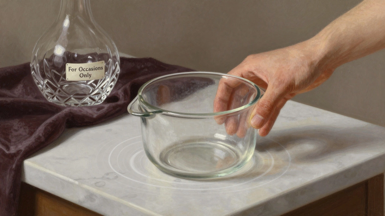 Рука ставит горячую стеклянную кастрюлю на холодный мрамор, вокруг — волны теплового удара