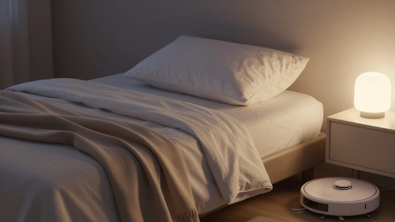 Спальня с натуральным постельным бельём, подушкой и умной лампой в тёплом свете вечера.