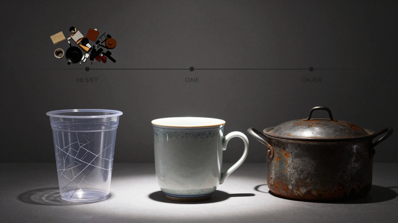 Три предмета: пластиковая чашка, фарфоровая кружка и ржавая кастрюля — символы дешёвого и долговечного.