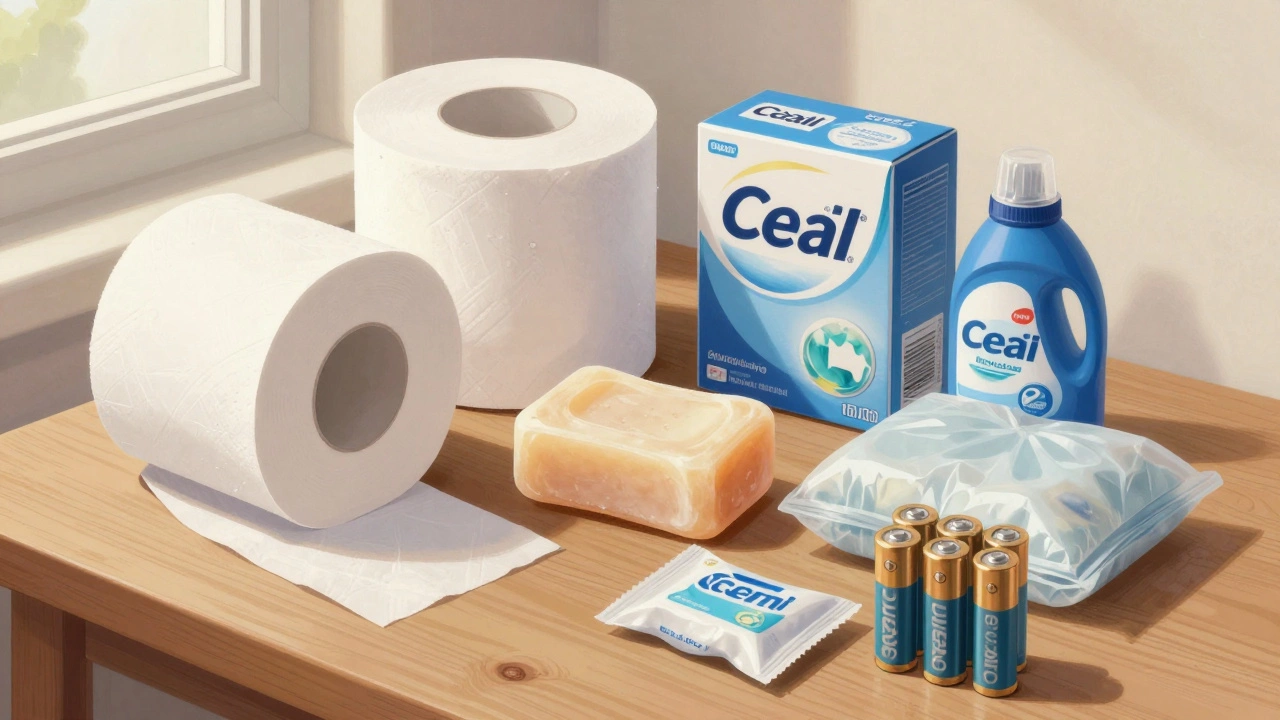 Туалетная бумага, мыло, порошок, пакеты и батарейки на деревянном столе.
